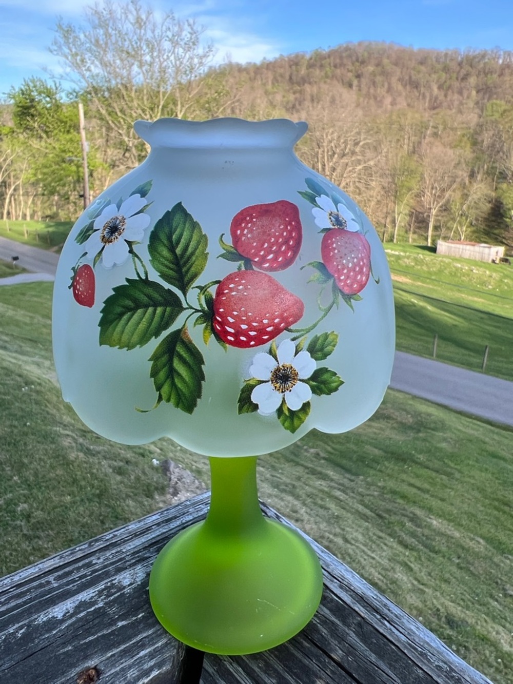 Westmoreland Strawberry Fairy Lamp - Clear Frost Shade on Green Frost Pedestal